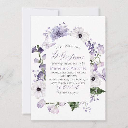 Elegante Waterverf Lila bloemen Baby shower Kaart (Voorkant)