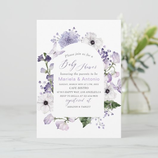 Elegante Waterverf Lila bloemen Baby shower Kaart (Staand voorkant)