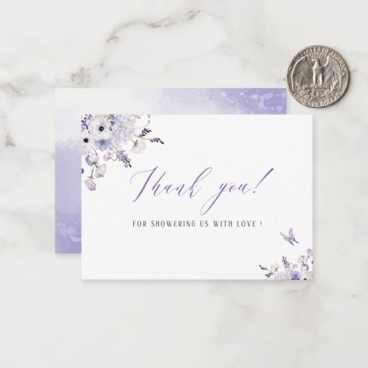 Elegante Waterverf lila bloemen Baby shower Notitiekaartje (Voorkant / Achterkant in situ)