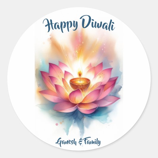 Elegante waterverf Lotus Diwali Ronde Sticker (Voorkant)