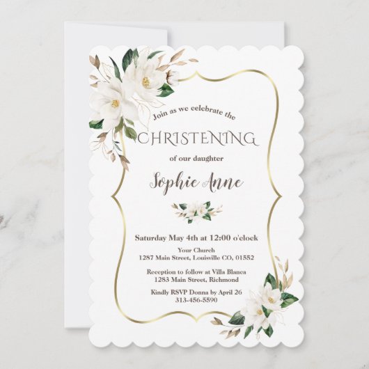 Elegante Waterverf Magnolia Bloemen Doop Kaart (Voorkant)