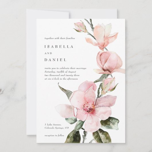 Elegante Waterverf Magnolia Trouwuitnodiging Kaart (Voorkant)