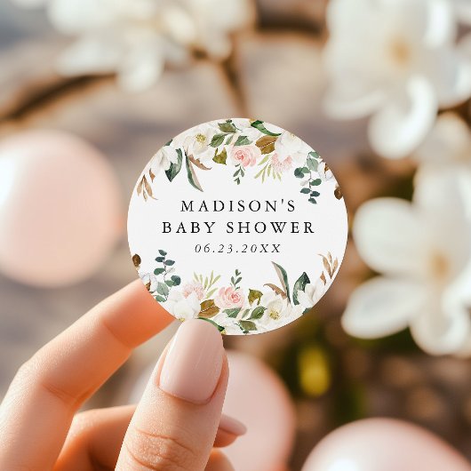 Elegante Waterverf Magnolias Baby shower Ronde Sticker