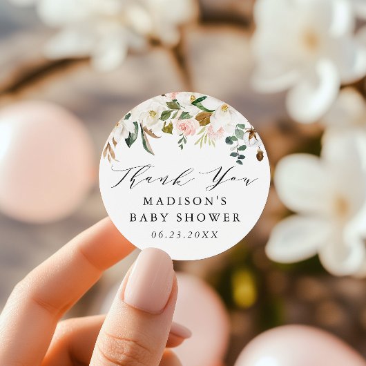 Elegante Waterverf Magnolias Baby shower Ronde Sticker
