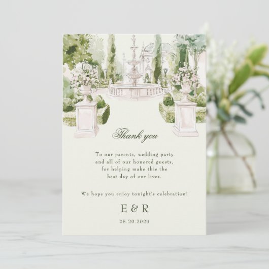 Elegante Waterverf Manor Garden Wedding Bedankkaart (Staand voorkant)