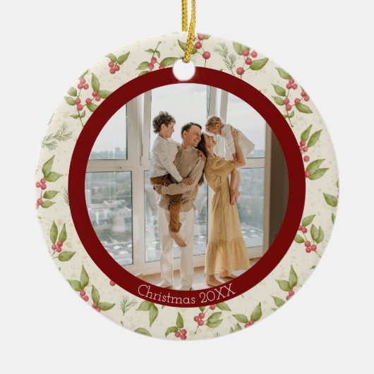 Elegante Waterverf maretak, rode Lijst familie Keramisch Ornament (Voorkant)