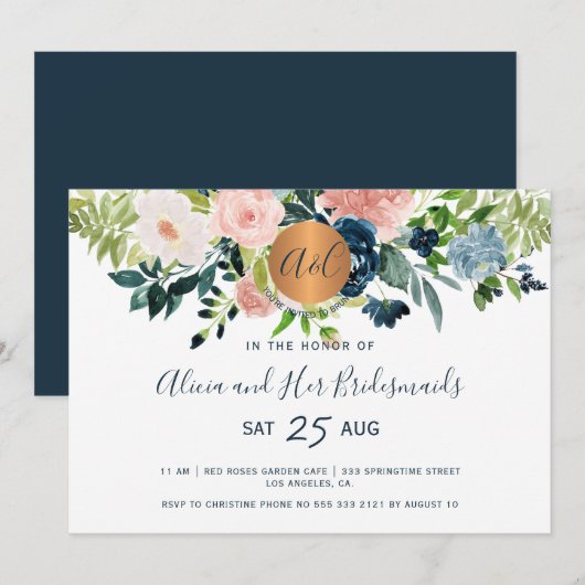 Elegante waterverf marine bloemen bruidsmeisjes br kaart (Voorkant / Achterkant)