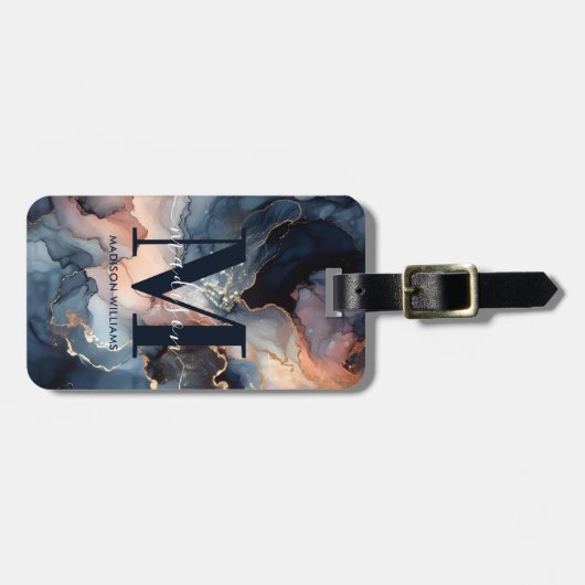 Elegante Waterverf Marmer Abstract Monogram Reizen Bagagelabel (Voorkant horizontaal)