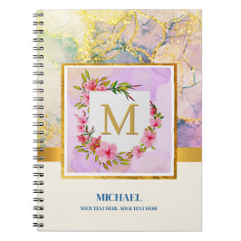 Elegante Waterverf Marmer Monogram Bloemrijk Goud Notitieboek