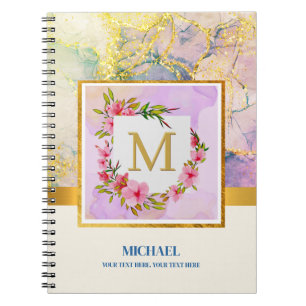 Elegante Waterverf Marmer Monogram Bloemrijk Goud Notitieboek