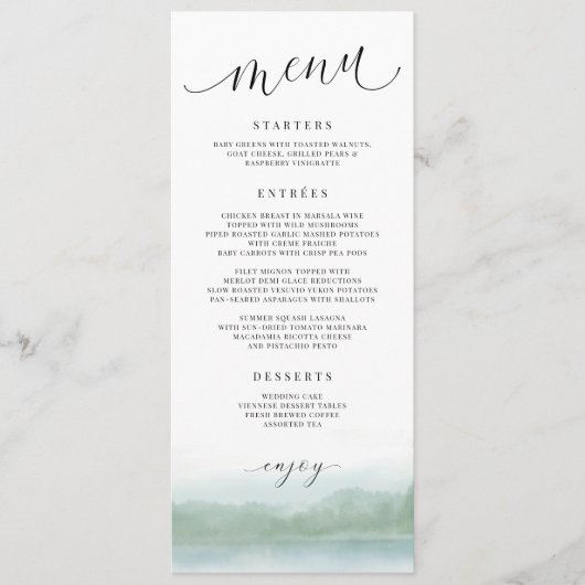Elegante Waterverf Meer & Bomen Bruiloftsmenu Menu (Voorkant)