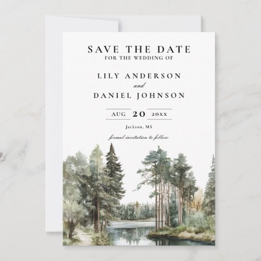 Elegante waterverf meer bos bosbruiloft save the date (Voorkant)