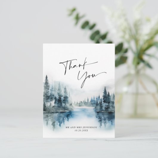 Elegante Waterverf mistig bos bruiloft dank u Briefkaart (Staand voorkant)