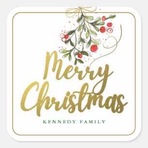 Elegante Waterverf Mistletoe Gold Vrolijk Kerstfee Vierkante Sticker