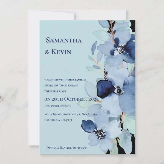 Elegante Waterverf Moody Blauw Bloemen Bruiloft Kaart (Voorkant)