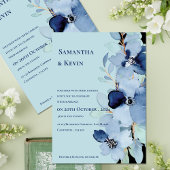Elegante Waterverf Moody Blauw Bloemen Bruiloft Kaart