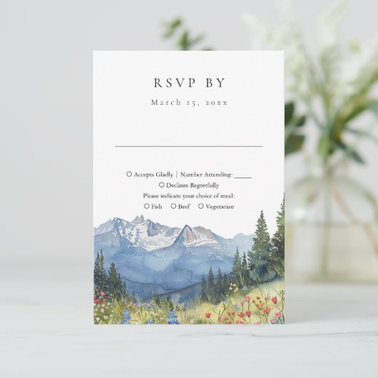 Elegante Waterverf Mountain Wildflower bruiloft RSVP Kaartje (Staand voorkant)