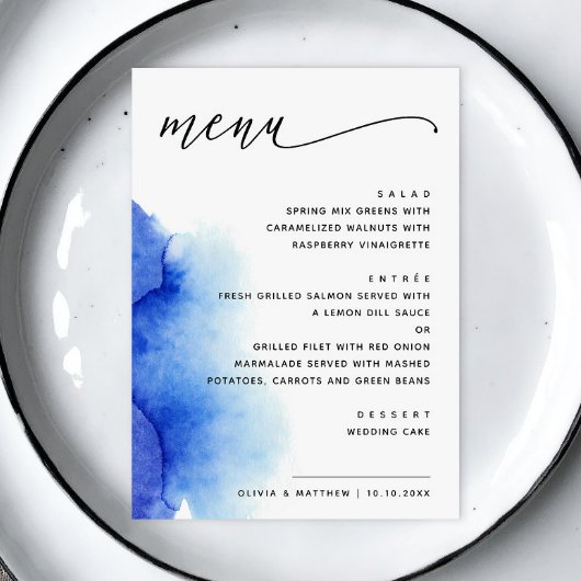 Elegante waterverf nautisch blauw script bruiloft menu