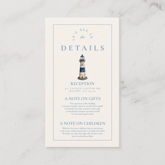 Elegante Waterverf nautische vuurtoren bruiloft Informatiekaartje (Voorkant)