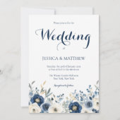 Elegante Waterverf Navy Blue Floral Script Wedding Kaart (Voorkant)