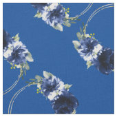 Elegante Waterverf Navy Blue Flowers Gold Pattern Stof (Close Up)