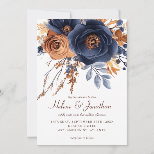 Elegante Waterverf Navy Blue Terracotta bruiloft Kaart (Voorkant)