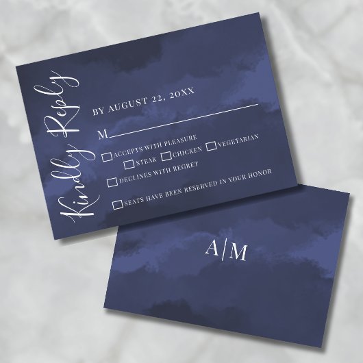 Elegante Waterverf Navy Blue Wedding RSVP Kaart