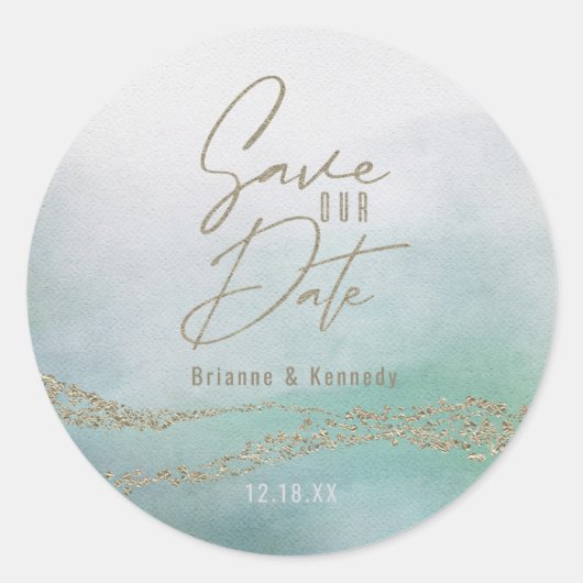 Elegante Waterverf Ocean Aqua & Gold Save the Date Ronde Sticker (Voorkant)