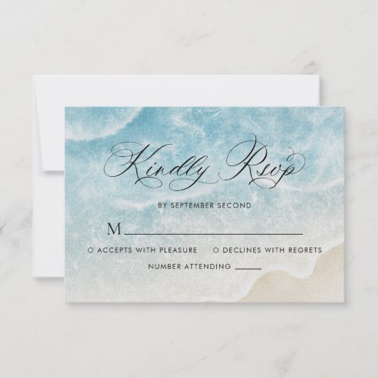 Elegante Waterverf Ocean Beach Script Wedding RSVP Kaartje (Voorkant)