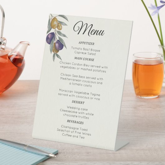 Elegante Waterverf Olijf Bruiloft Menu Reclamebord Met Voetstuk (Insitu)