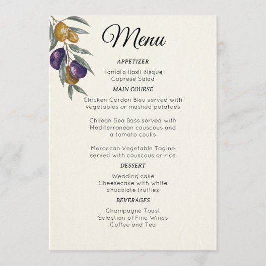 Elegante waterverf olijf trouwmenu menu (Voorkant)
