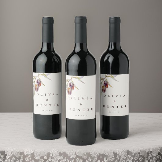 Elegante Waterverf Olijftak Bruiloft Wijn Etiket