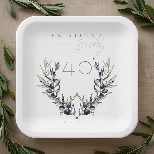 Elegante Waterverf Olijftak ELKE Verjaardag Papieren Bordje