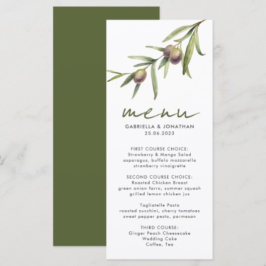 Elegante Waterverf Olijftak Trouwmenu Menu (Voorkant / Achterkant)