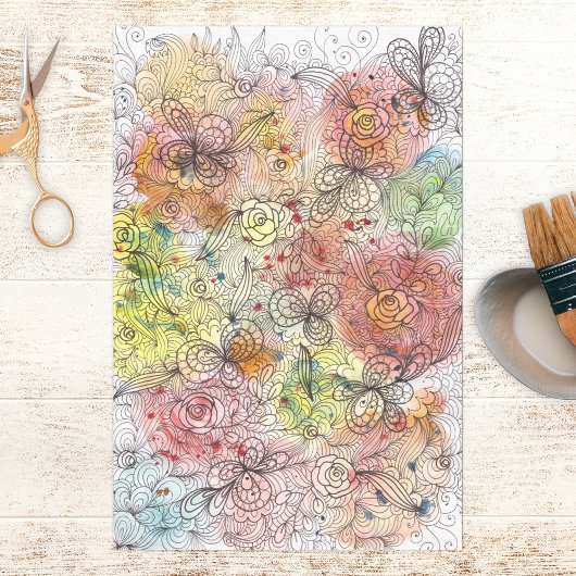 Elegante Waterverf Ombre en Ink Floral Doodle Tissuepapier