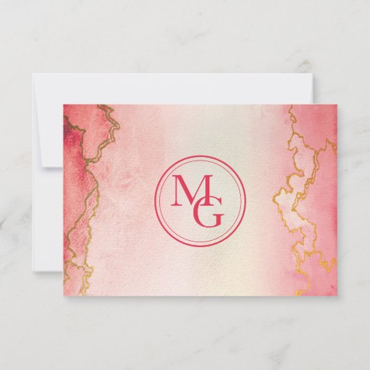 Elegante Waterverf Ombre Roze Rood Goud Marmer RSV Kaart (Achterkant)