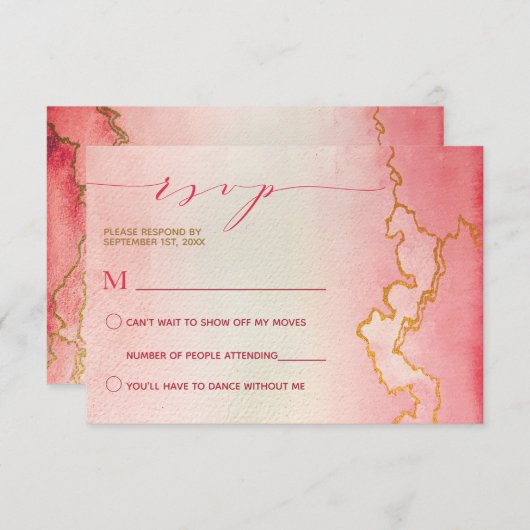 Elegante Waterverf Ombre Roze Rood Goud Marmer RSV Kaart (Voorkant / Achterkant)
