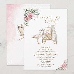 Elegante Waterverf Ooievaar Baby Meisje Baby showe Kaart