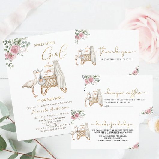 Elegante Waterverf Ooievaar Baby Meisje Baby showe Kaart