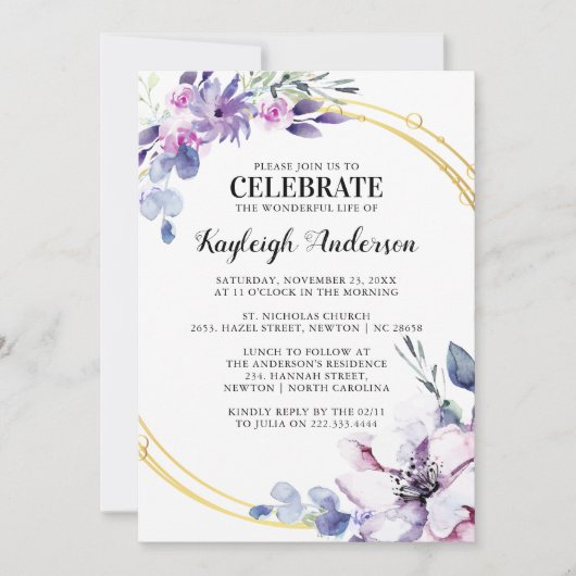 Elegante Waterverf Paarse bloem Memorial Kaart (Voorkant)