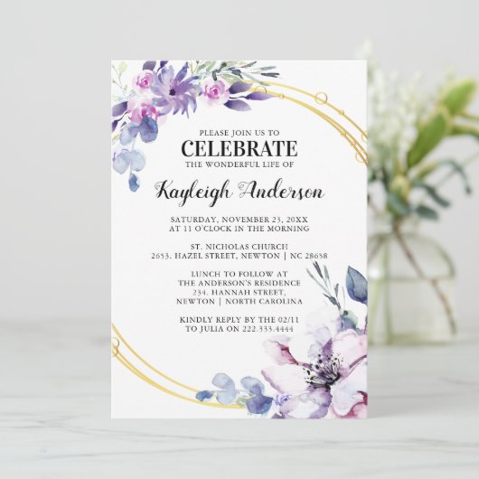 Elegante Waterverf Paarse bloem Memorial Kaart (Staand voorkant)