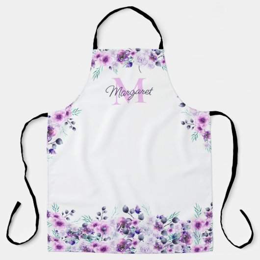 Elegante Waterverf Paarse Bloemen met Monogram Schort (Voorkant)