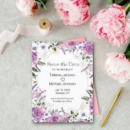 Elegante waterverf paarse bloemen sparen de datum aankondigingskaart
