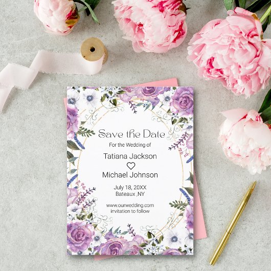 Elegante waterverf paarse bloemen sparen de datum aankondigingskaart