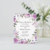Elegante waterverf paarse bloemen sparen de datum aankondigingskaart (Staand voorkant)