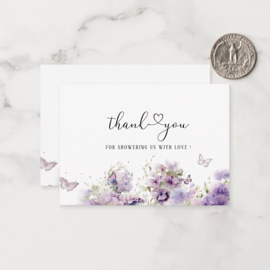 Elegante Waterverf Paarse Bloemen Vlinder Kussen Notitiekaartje (Voorkant / Achterkant in situ)