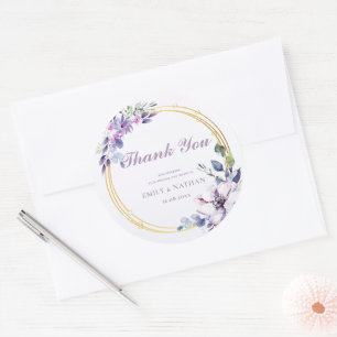 Elegante Waterverf Paarse bloemenbruiloft dank u Ronde Sticker