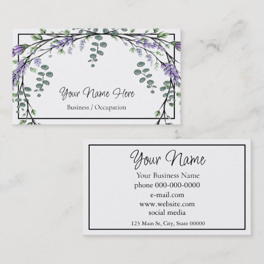 Elegante waterverf paarse bloemengroen visitekaartje (Voorkant / Achterkant)