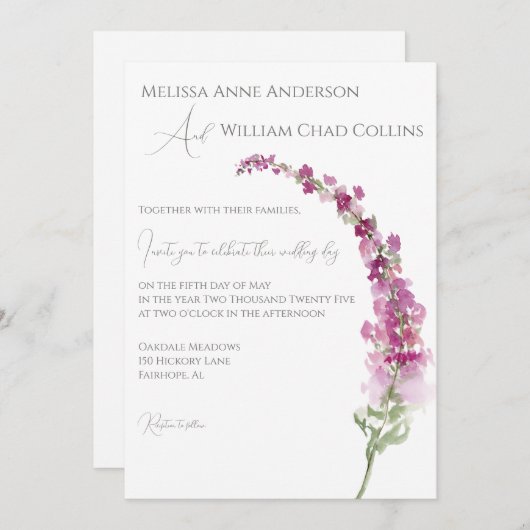 Elegante Waterverf Paarse Delphinium Bloemen Kaart (Voorkant / Achterkant)