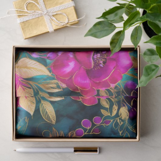 Elegante Waterverf Paarse en Blauwgroen bloemenpat Tissuepapier (Geschenk)